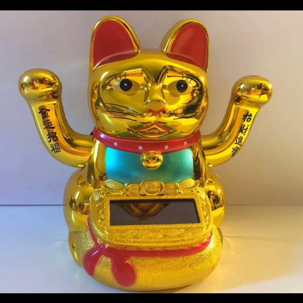 Japanese Solar gold Money Cat with 2 hands waving